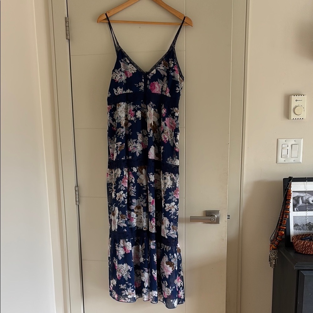 Blue Maxi Dress with Ruffled Tiers and Spaghetti Straps